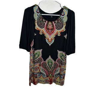 Cha Cha Vente Blouse Women's Small Black Round Neck Boho Printed Colorful Top